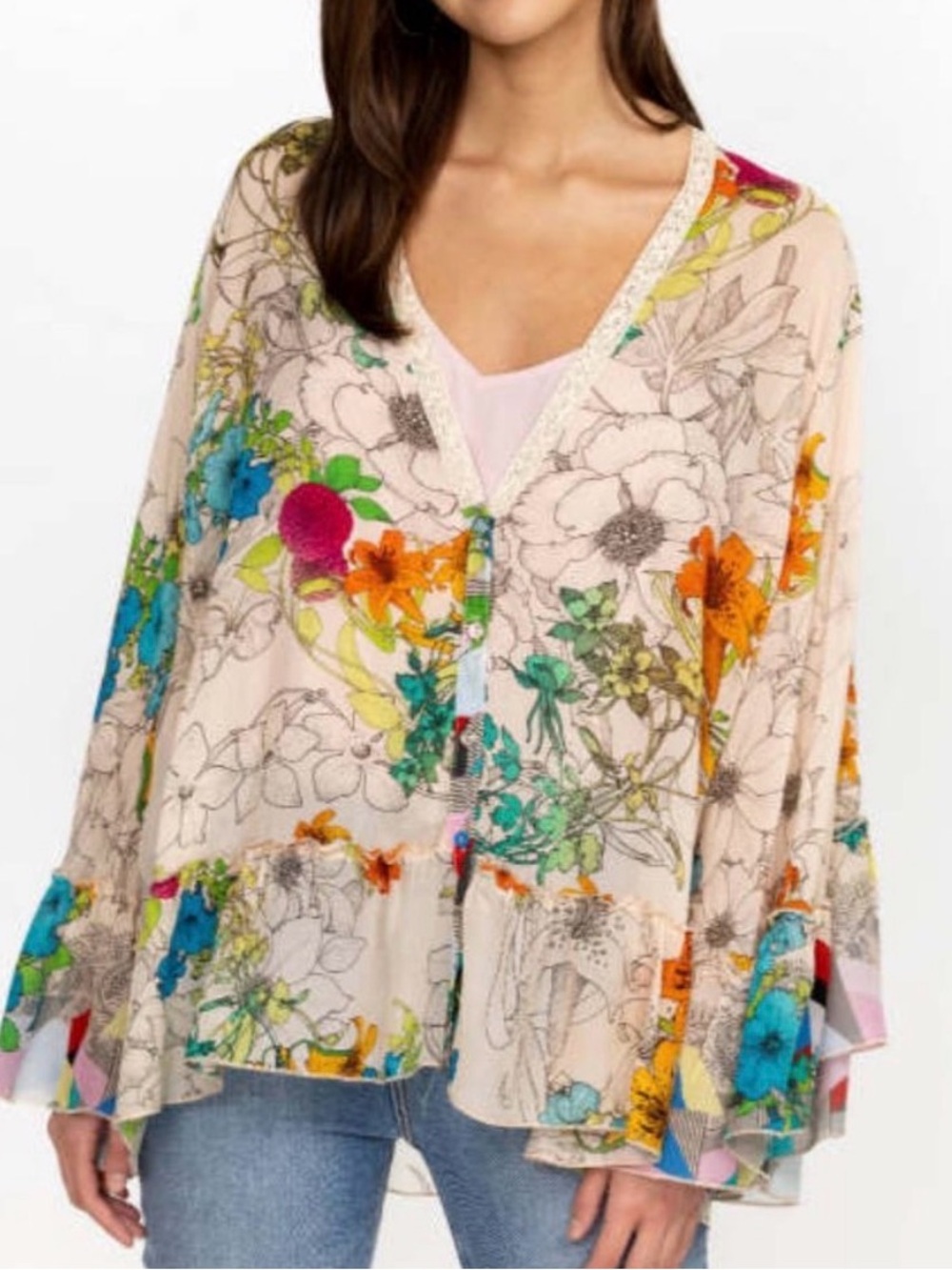 Johnny Was Sequence Georgina Floral Button Front Kimono Top Bell Sleeves Boho S